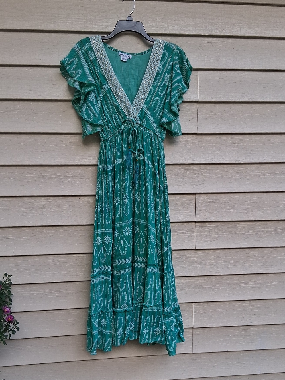 Boho Green Printed V-Neck Maxi Dress with‎ Tie Waist